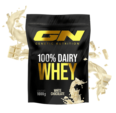 Black pouch of GN 100% dairy whey protein powder with white chocolate flavor and 1000g content