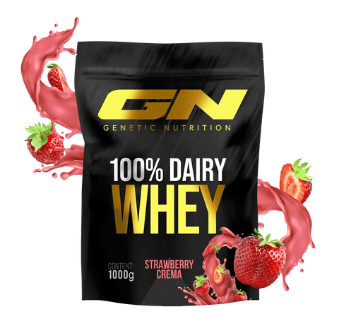 100% Whey Protein Pulver strawberry crema flavor 1000g pouch with fresh strawberries and splash design