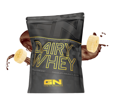 1000g Dairy Whey Protein Pulver in chocolate banana flavor with essential amino acids, high-quality whey isolate, low carbohydrates, and made in Germany