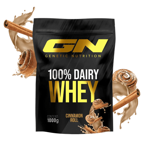 Genetic Nutrition 100% Dairy Whey Protein Pulver cinnamon roll flavor 1000g with high-quality whey protein isolate and low carbohydrates.