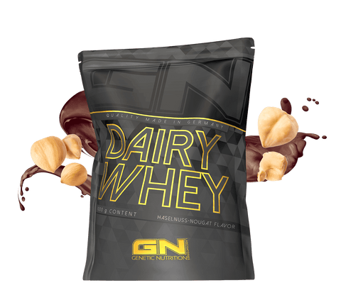 1000g Dairy Whey hazelnut-nougat flavored whey protein powder with high-quality protein for muscle building and excellent solubility.