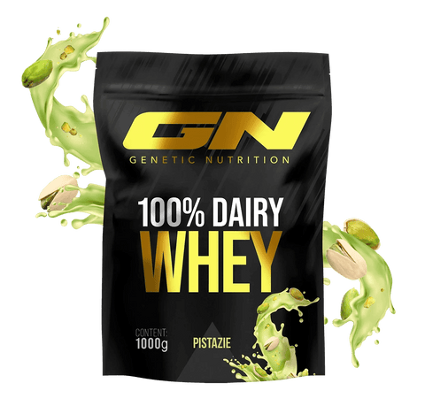 100% Whey Protein Pulver Dairy Whey 1000g pistachio flavor bag with splashing pistachio nuts and milk, high-quality muscle-building protein supplement