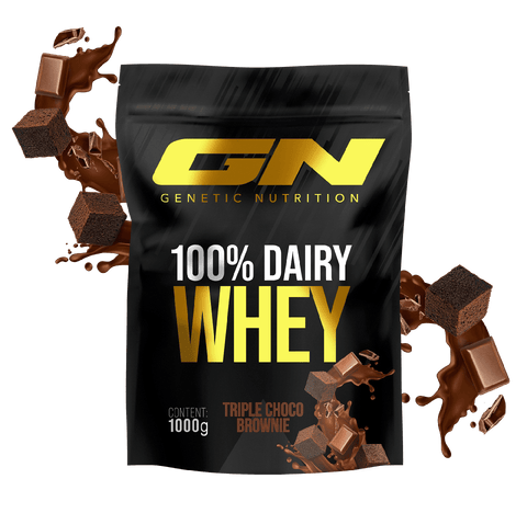 100% Whey Protein Pulver Dairy Whey 1000g in triple choco brownie flavor with high-quality protein for muscle building and excellent solubility