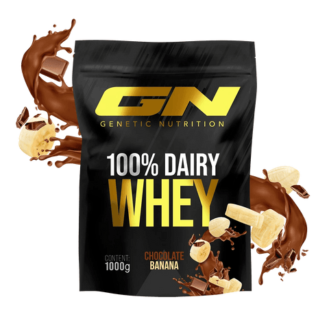 100% Dairy Whey Protein Pulver chocolate banana flavor 1000g pouch with high-quality muscle-building protein by Genetic Nutrition