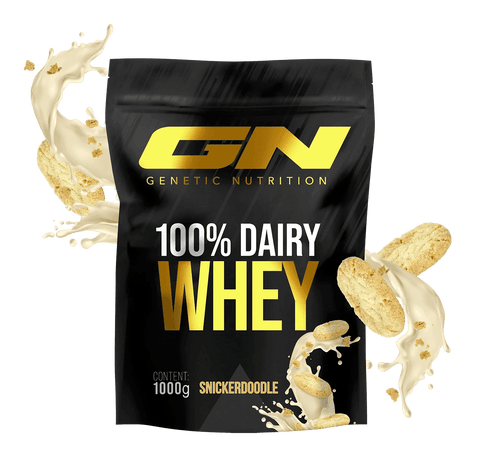 100% Dairy Whey Protein Pulver 1000g Snickerdoodle flavor pouch by Genetic Nutrition with milk splash and cookies
