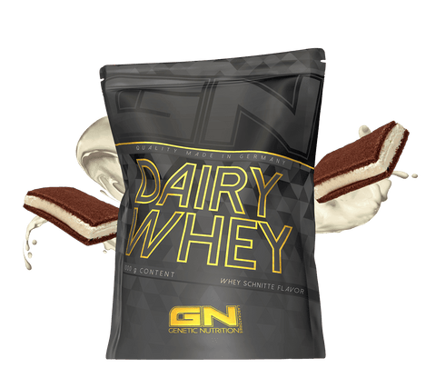 1000g bag of Dairy Whey protein powder by Genetic Nutrition with creamy dessert flavor and splash background