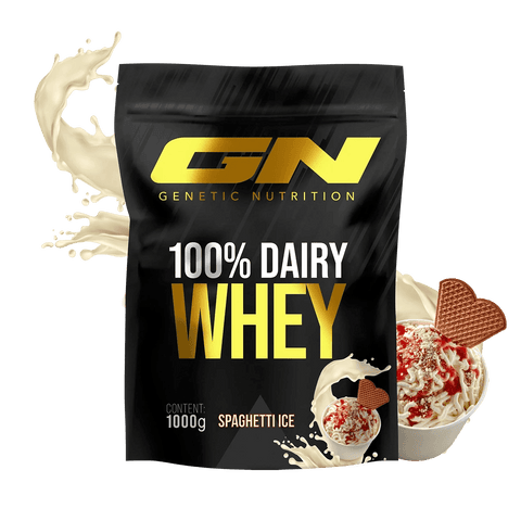 100% Dairy Whey Protein Pulver 1000g Spaghetti Ice flavor by Genetic Nutrition with rich protein content and high solubility