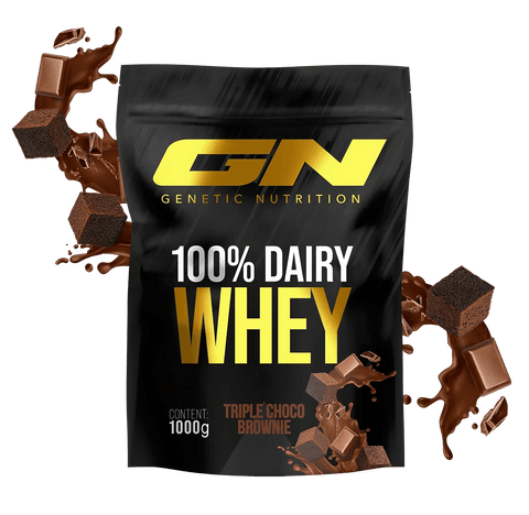 Packaging of GN 100% Dairy Whey Protein Pulver in triple choco brownie flavor, 1000g pouch with chocolate and brownie pieces graphics.