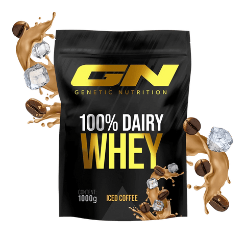 1000g GN Genetic Nutrition 100% Dairy Whey Protein Pulver in iced coffee flavor with coffee beans and ice cubes design