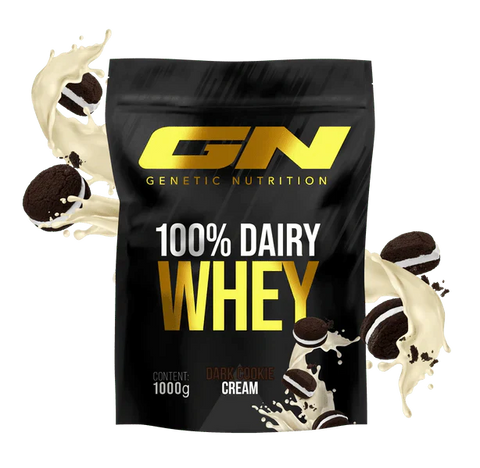100% Dairy Whey Protein Pulver 1000g dark cookie cream flavor by Genetic Nutrition with high-quality protein for muscle building and excellent solubility
