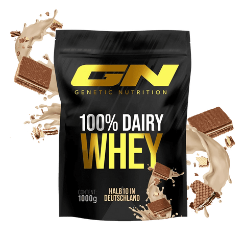 100% Dairy Whey Protein Pulver 1000g by Genetic Nutrition with chocolate flavor, rich in essential amino acids, supports muscle building, high-quality German-made whey protein powder