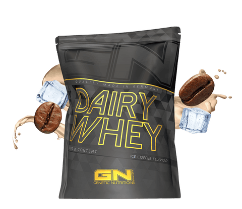 1000g pack of Dairy Whey protein powder with ice coffee flavor and coffee beans and ice cubes splash background