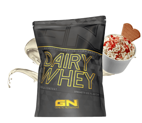1000g Dairy Whey Protein Pulver pouch in Spaghetti Eis flavor with high-quality whey protein isolate, made in Germany, shown with dessert and creamy splash.