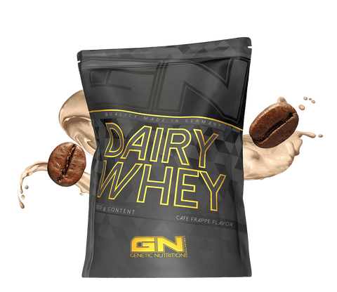 1000g Dairy Whey Protein Pulver in Cafe Frappe flavor, high-quality whey protein for muscle building, made in Germany