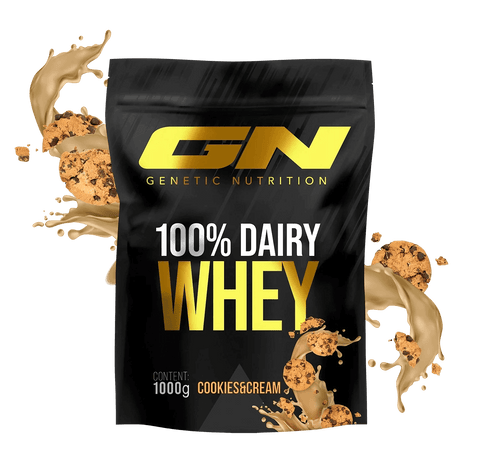 100% Dairy Whey Protein Pulver 1000g Cookies & Cream flavor by Genetic Nutrition, high-quality muscle-building protein with excellent solubility and low carbs.