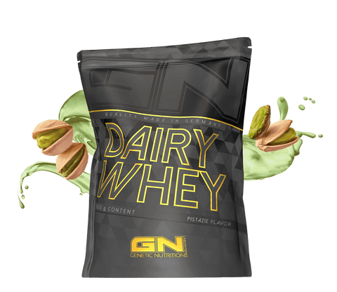 1000g Dairy Whey Protein Pulver bag pistachio flavor with pistachios and creamy splash background
