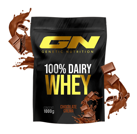 100% Dairy Whey Protein Pulver chocolate flavor 1000g pouch with high-quality muscle-building whey protein isolate by Genetic Nutrition