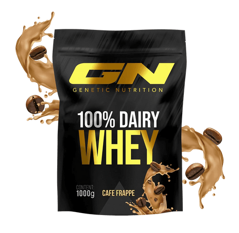 1000g pack of GN Genetic Nutrition 100% Dairy Whey Protein Powder in Cafe Frappe flavor with coffee splash and beans around.