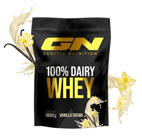 100% Dairy Whey Protein Pulver 1000g Vanilla Crema flavor by Genetic Nutrition with high-quality whey protein isolate and vanilla design.