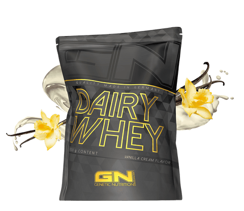 1000g Dairy Whey Protein Pulver vanilla cream flavor pouch with yellow flowers and milk splash background