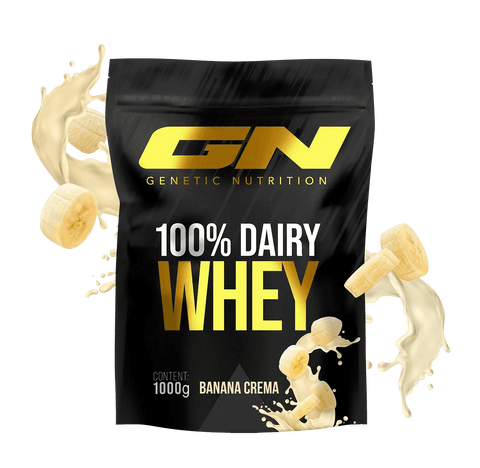 100% Dairy Whey Protein Pulver 1000g Banana Crema flavor by Genetic Nutrition with high-quality muscle-building protein and easy mixability