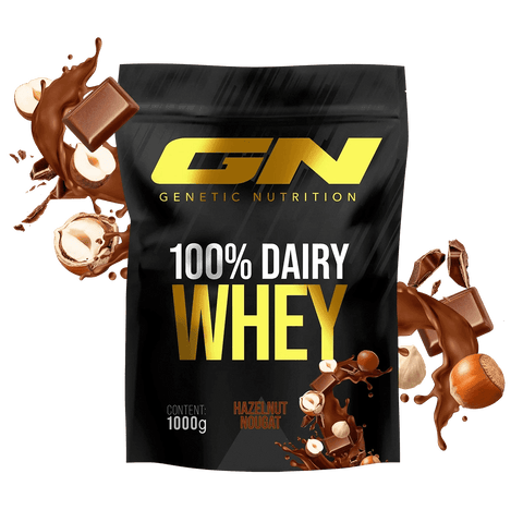 100% Whey Protein Pulver Dairy Whey 1000g in hazelnut nougat flavor with high-quality protein for muscle building, low carbs, and excellent solubility.