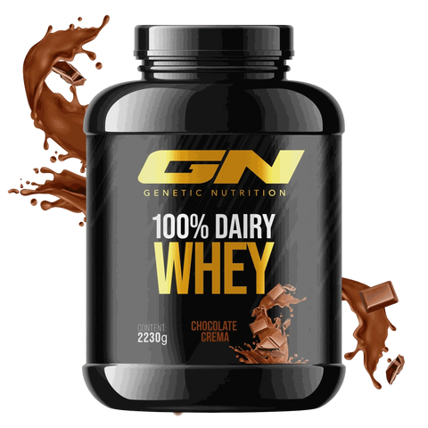 100% Dairy Whey protein powder 2230g container with chocolate crema flavor and splashes of chocolate pieces