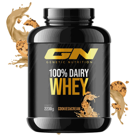 100% Dairy Whey protein powder 2230g container with cookies and cream flavor splashes