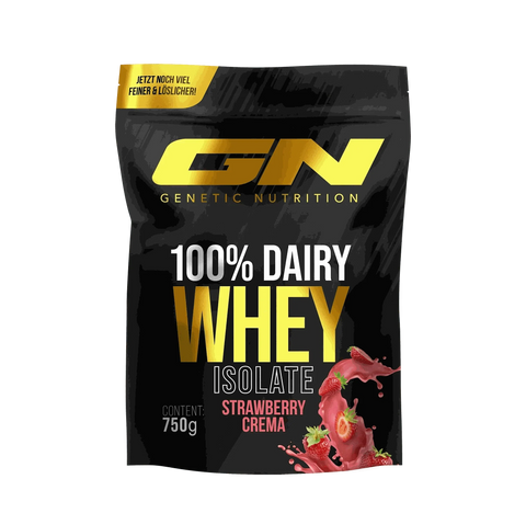 100% Dairy Whey ISOLATE strawberry crema protein powder 750g by Genetic Nutrition, high-quality whey isolate for muscle building and diet.