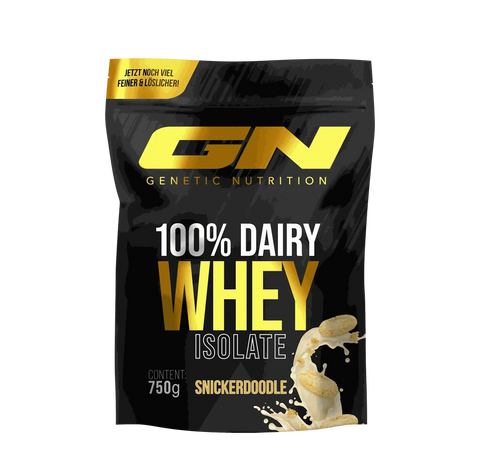 750g packet of 100% Dairy Whey Isolate protein powder in snickerdoodle flavor from Genetic Nutrition