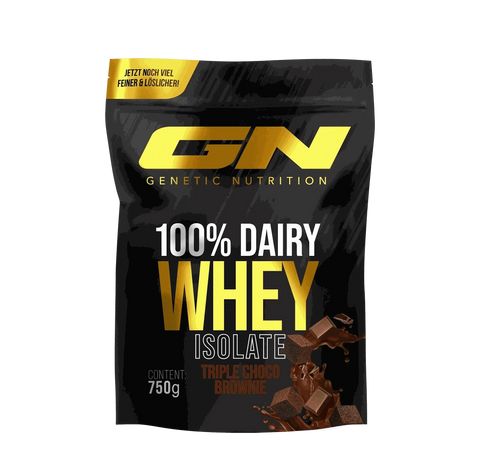 750g 100% Dairy Whey Isolate protein powder in triple choco brownie flavor by Genetic Nutrition