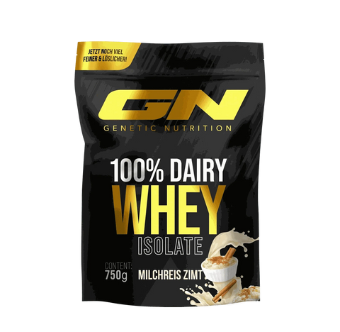 750g pack of 100% Dairy Whey Isolate protein powder with milk rice cinnamon flavor by Genetic Nutrition