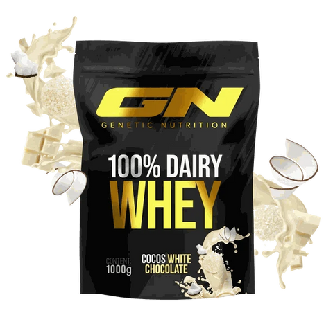 100% Dairy Whey Protein Pulver 1000g by Genetic Nutrition with coconut white chocolate flavor, high-quality muscle-building protein powder