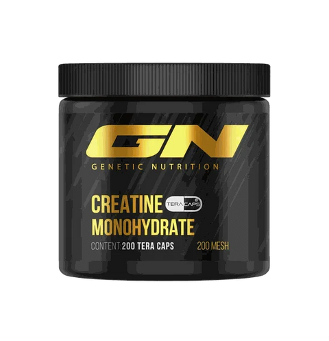Black container of Genetic Nutrition Creatine Monohydrate Tera Caps with 200 high-absorption capsules for muscle strength and growth
