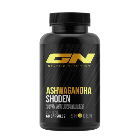 Bottle of GN Genetic Nutrition Ashwagandha Shoden supplement with 60 capsules and 35% withanolides for stress relief and muscle support