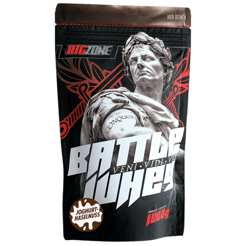 Battle Whey protein powder 1000g with digestive enzymes for improved absorption and creamy yogurt-hazelnut flavor