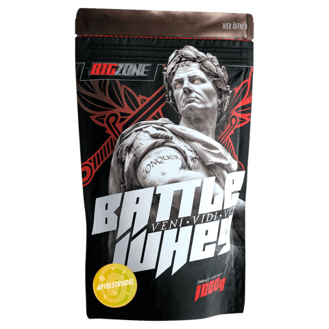 Battle Whey 1000g apple strudel flavor protein powder with digestive enzymes for improved absorption and lactose intolerance friendly.