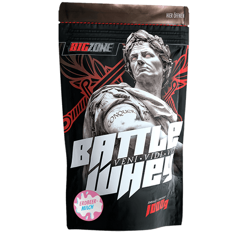 Battle Whey 1000g protein powder with digestive enzymes for improved absorption and lactose intolerance suitable creamy strawberry milk flavor