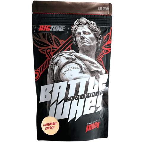 Battle Whey 1000g protein powder with digestive enzymes for better absorption and tolerance, creamy texture, lactose-free, cherry flavor.