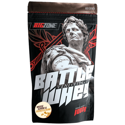 Battle Whey 1000g protein powder with digestive enzymes for improved absorption and lactose intolerance friendly in white chocolate and peanut cream flavor