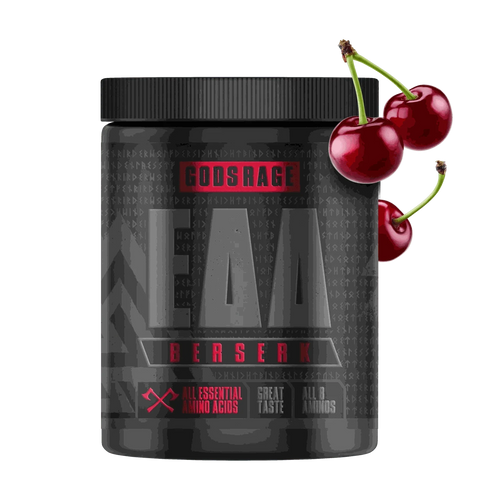 Berserk EAAs 500g container with cherry flavor for muscle growth, regeneration, and hydration.