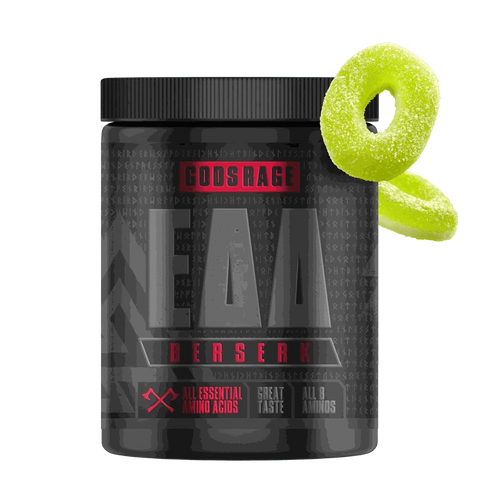 Berserk EAAs 500g supplement container with green candy rings, essential amino acids for muscle growth and hydration.