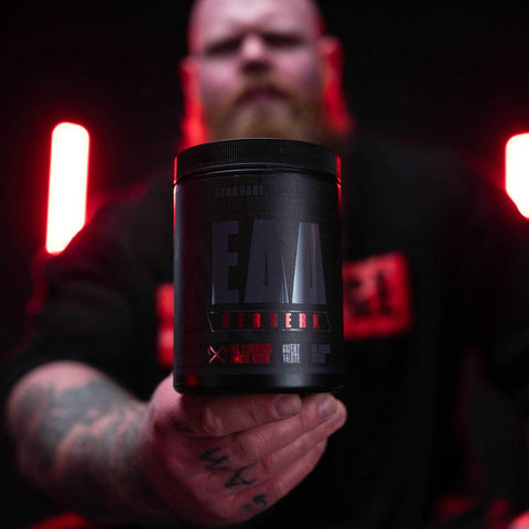 Berserk EAAs 500g container for muscle growth, recovery, and hydration with essential amino acids and coconut water powder.
