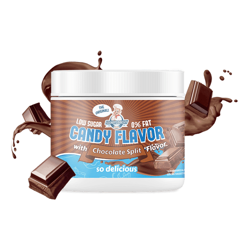 Candy Flavor Powder 200g container with chocolate split flavor, low sugar and 0% fat, chocolate pieces and splash background