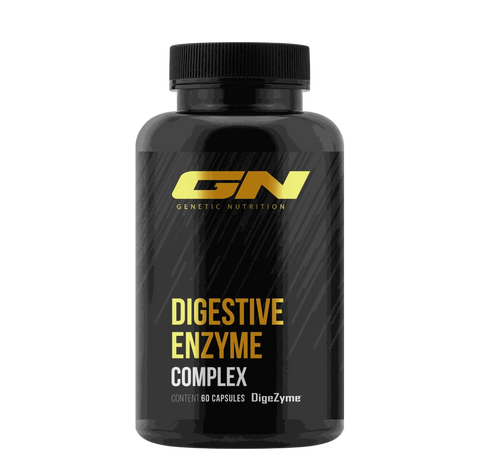 Black bottle of Genetic Nutrition Digestive Enzyme Complex with 60 capsules for optimal digestion and nutrient absorption.