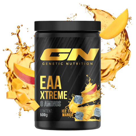 EAA Xtreme 500g supplement with 8 essential amino acids, ice tea mango flavor, for muscle growth and recovery.