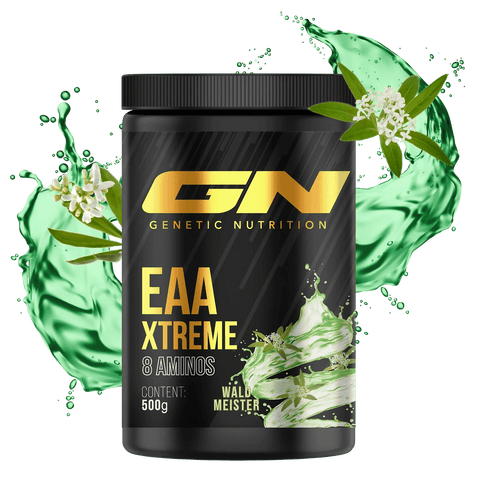 Black container of GN Genetic Nutrition EAA Xtreme 500g amino acid supplement with green liquid splash and white flower decoration