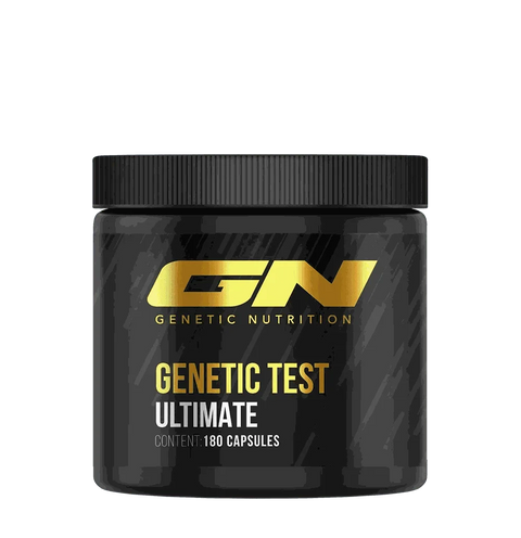 Container of Genetic Test Ultimate dietary supplement with 180 capsules for muscle growth and hormone boosting.