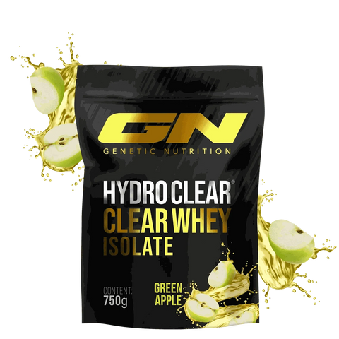 HydroClear Whey Isolat 750g green apple flavored clear whey protein isolate pouch with splashing apple juice and apple slices.