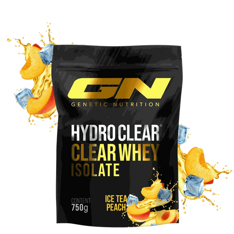 HydroClear Whey Isolat 750g pouch with ice tea peach flavor, protein isolate supplement by Genetic Nutrition.